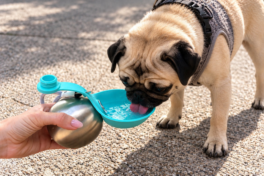 Pug drinking water from the Walkmate bowl